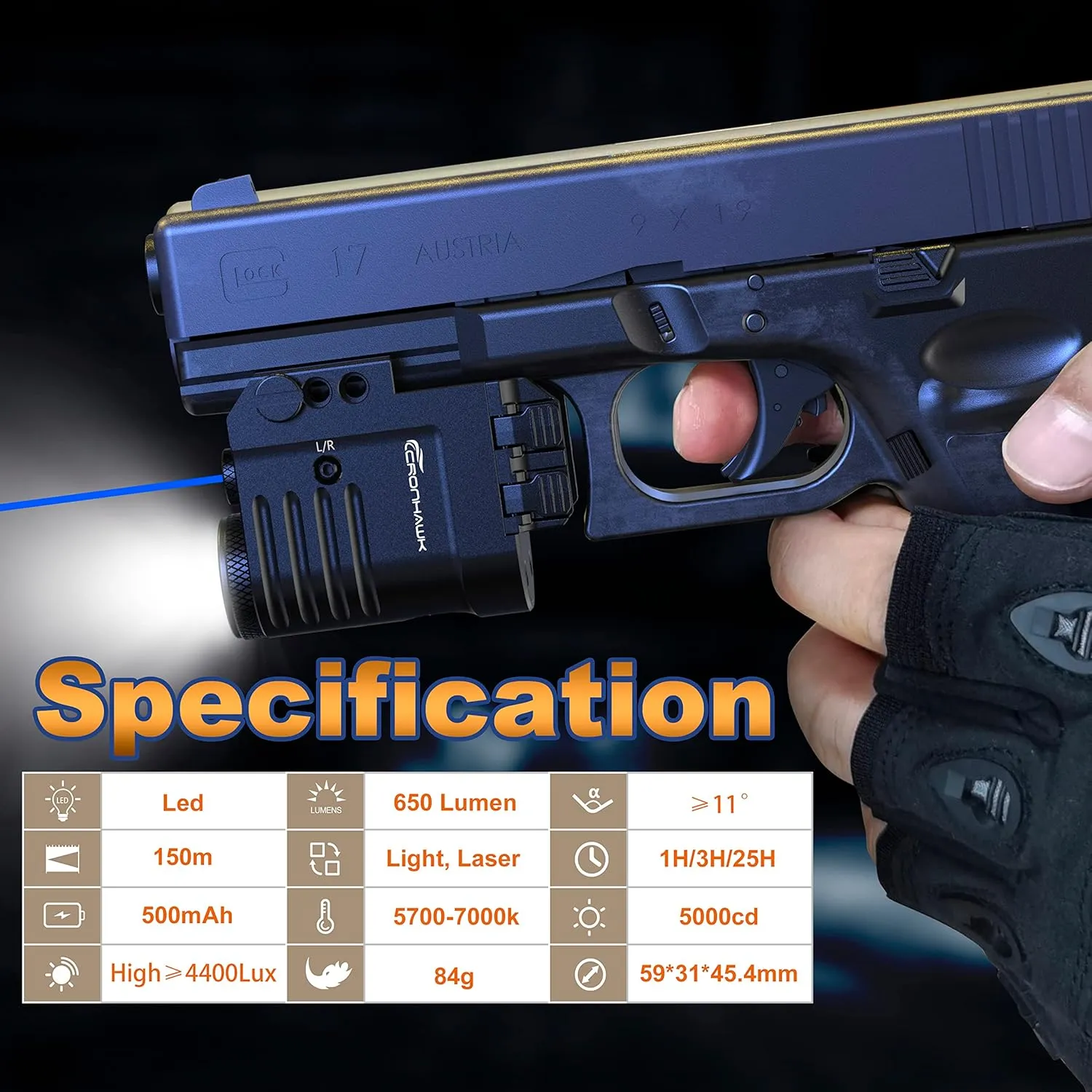 Blue Laser Light Combo for Pistol, Rail Mounted Rechargeable Gun Flashlight Laser Combo with Strobe Compatible with Picatinny 1913