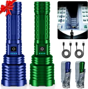 Blue&Green Super Bright Rechargeable LED Flashlights，True High Lumens, Powerful Tactical Flashlight Up to 25H Long Battery Life |Zoomable|5Light Modes|IP67 Water Resistant for Camping