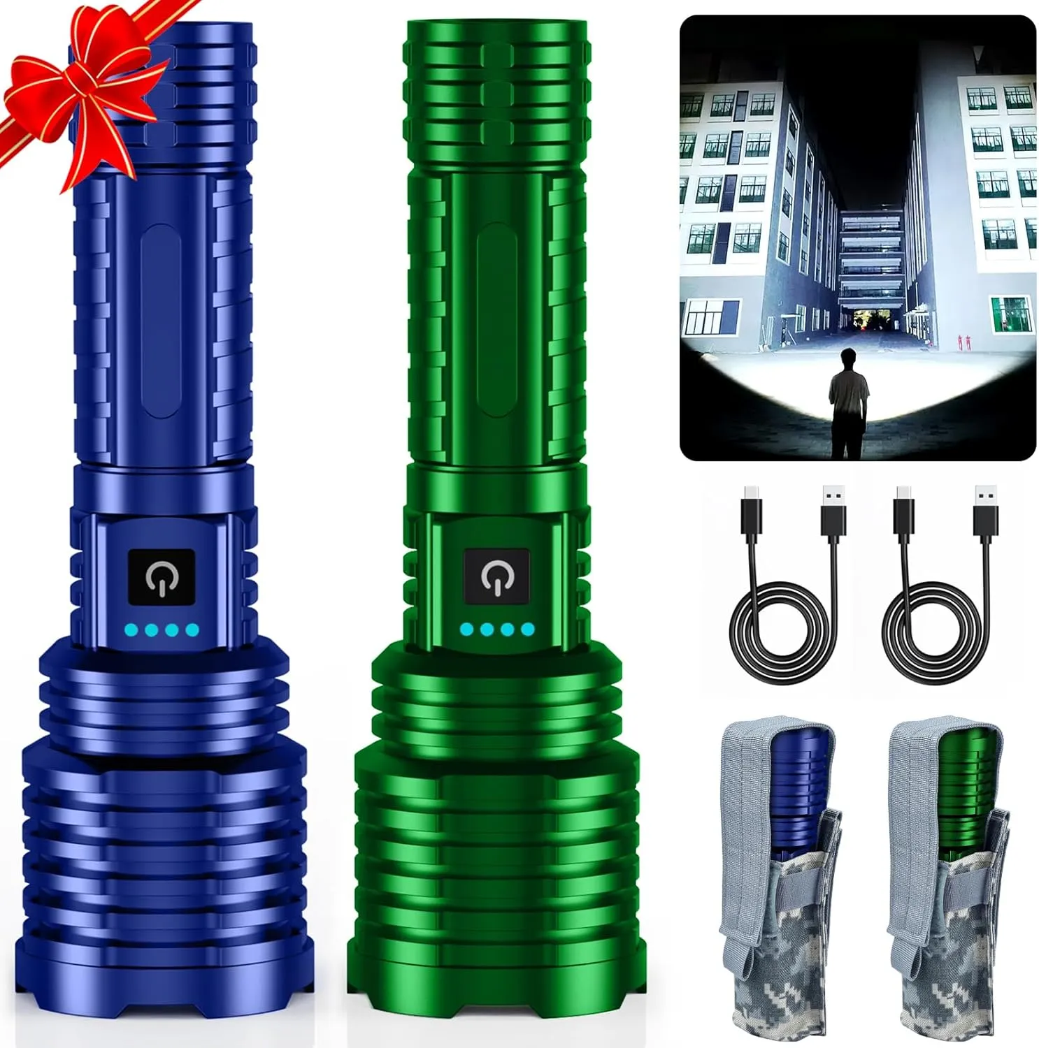 Blue&Green Super Bright Rechargeable LED Flashlights，True High Lumens, Powerful Tactical Flashlight Up to 25H Long Battery Life |Zoomable|5Light Modes|IP67 Water Resistant for Camping