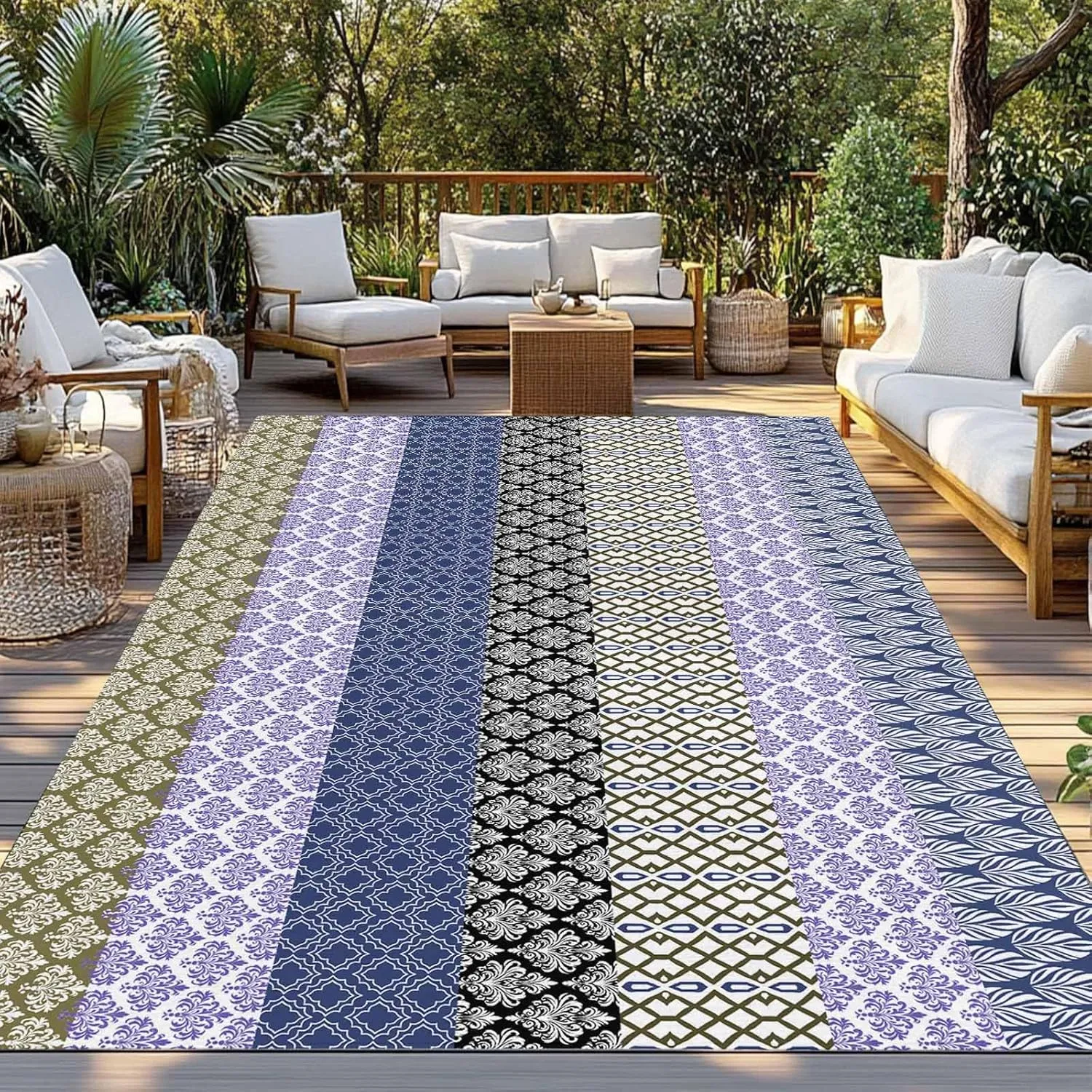 Boho Purple Outdoor Patio Rug 6x9ft Large,Washable RV Camping Outside Area Runner Rug Mat,Navy Geometric Stripes Tribal Black Bohemia Carpet for Picnic Backyard Deck Porch Balcony Beach & Indoor