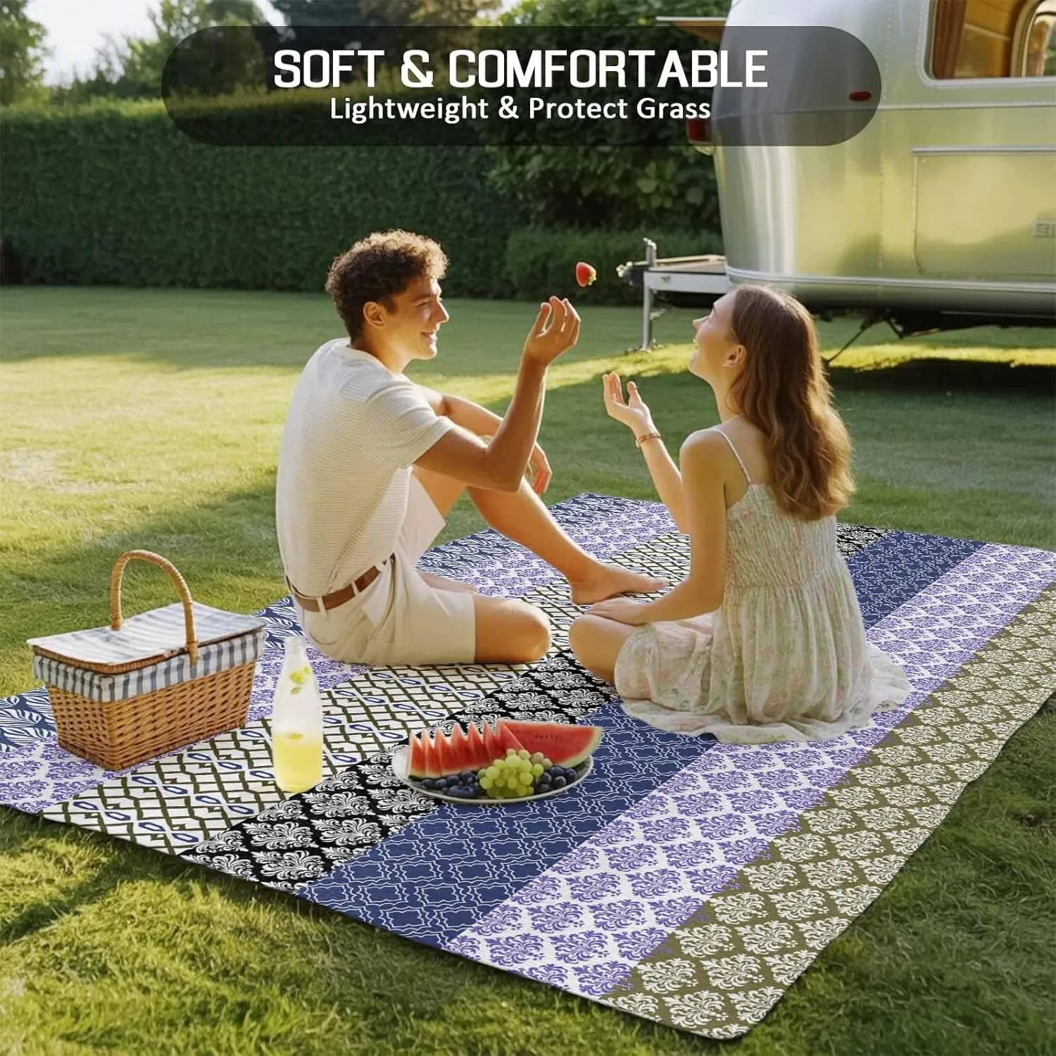 Boho Purple Outdoor Patio Rug 6x9ft Large,Washable RV Camping Outside Area Runner Rug Mat,Navy Geometric Stripes Tribal Black Bohemia Carpet for Picnic Backyard Deck Porch Balcony Beach & Indoor