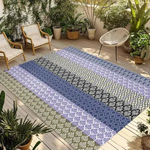 Boho Purple Outdoor Patio Rug 6x9ft Large,Washable RV Camping Outside Area Runner Rug Mat,Navy Geometric Stripes Tribal Black Bohemia Carpet for Picnic Backyard Deck Porch Balcony Beach & Indoor