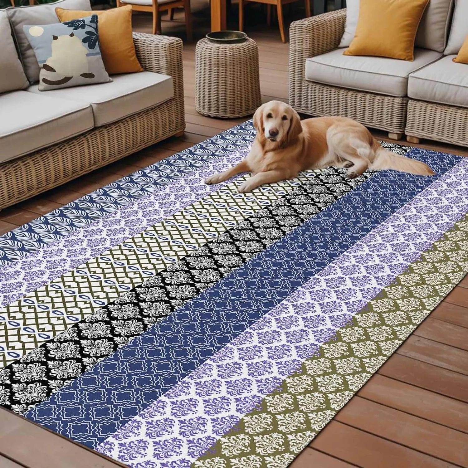 Boho Purple Outdoor Patio Rug 6x9ft Large,Washable RV Camping Outside Area Runner Rug Mat,Navy Geometric Stripes Tribal Black Bohemia Carpet for Picnic Backyard Deck Porch Balcony Beach & Indoor
