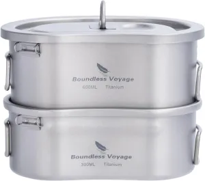 Boundless Voyage Titanium Camping Pots Set with Hanging Ring Ultralight Portable Bowl Picnic Cookware Titanium Canteen Mess kit for Outdoor Hiking Backpacking Mountaineering Ti15123B