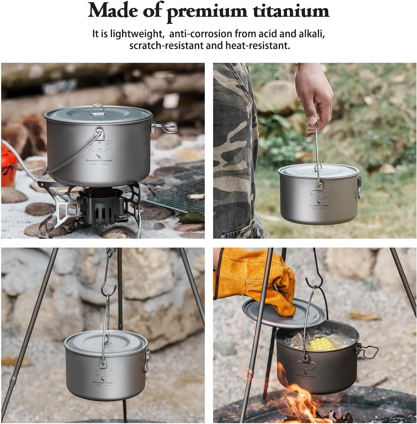 Boundless Voyage Titanium Hanging Pot for Outdoor Camping Backpacking Hiking Ultralight Portable Cooking Pot Camp Kitchen Cookware 1300ML/1950ML/2900ML