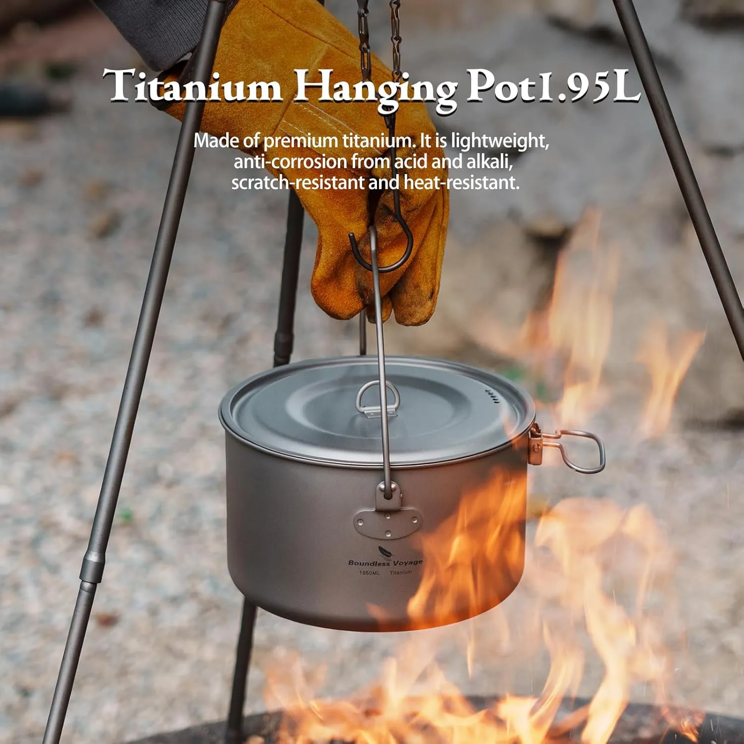 Boundless Voyage Titanium Hanging Pot for Outdoor Camping Backpacking Hiking Ultralight Portable Cooking Pot Camp Kitchen Cookware 1300ML/1950ML/2900ML