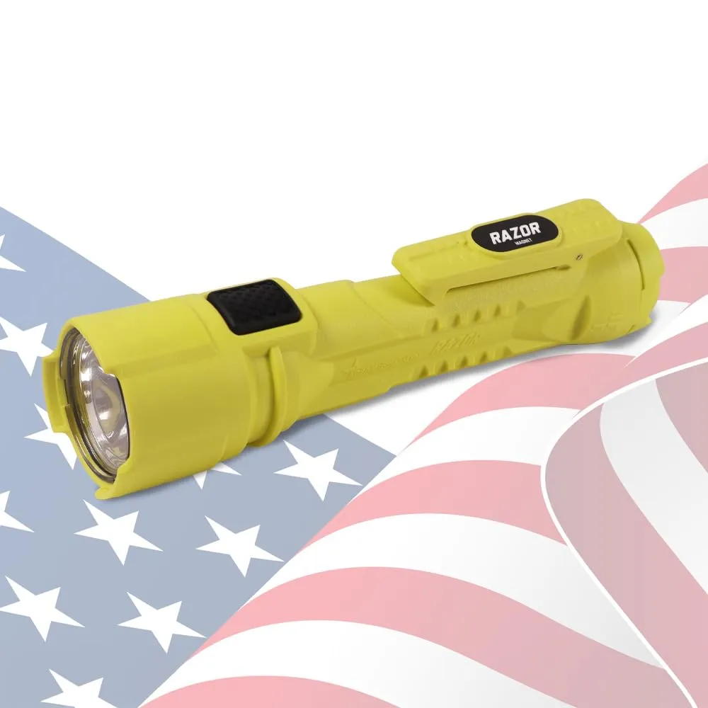 BRIGHT STAR Razor Intrinsically Safe LED Flashlight – 14,000 Candela, 24-Hour Runtime, Hands-Free Magnetic Base, AA Batteries Included – Durable Safety Flashlight Made in USA