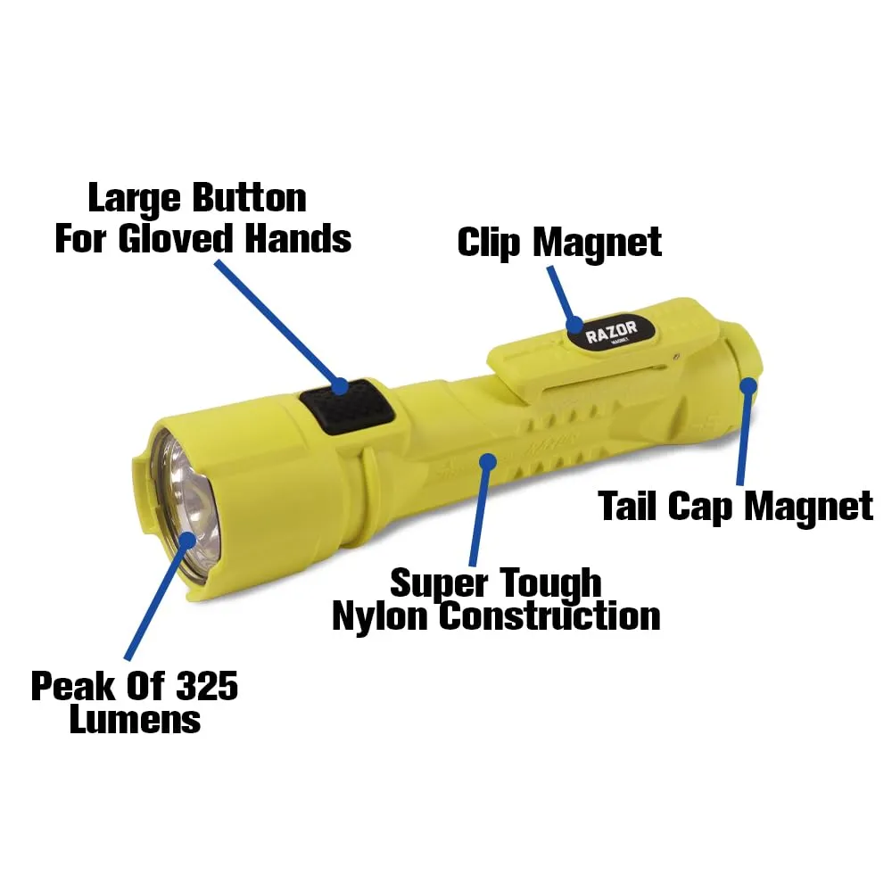 BRIGHT STAR Razor Intrinsically Safe LED Flashlight – 14,000 Candela, 24-Hour Runtime, Hands-Free Magnetic Base, AA Batteries Included – Durable Safety Flashlight Made in USA