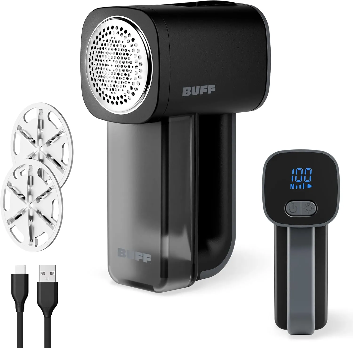 BUFF Fabric Shaver   Lint Remover, Sweater Defuzzer with 3 Motor Speeds, Remove Pills from Blankets, Couch, Clothing, Furniture, Stainless Steel Blade, USB-C Rechargeable – Black