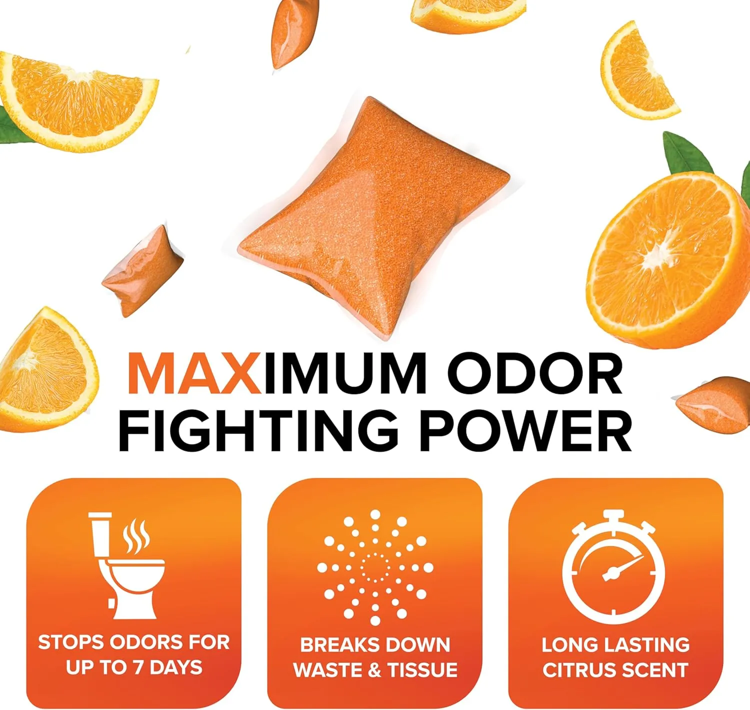 Camco TST MAX RV Toilet Treatment Drop-INs - Control Unwanted Odors & Break Down Waste and Tissue - Safe Septic Tank Treatment - Orange Scent, 30-Pack (41183)