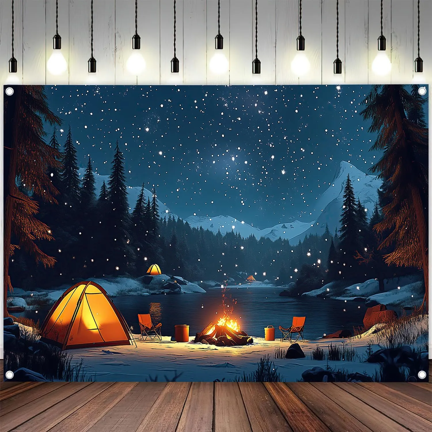 Camping Backdrop for Kids, 7 x 5 ft Forest Night Scene Camper Photography Background Campfire Tent Kids Adults Birthday Party Happy Camper Banner
