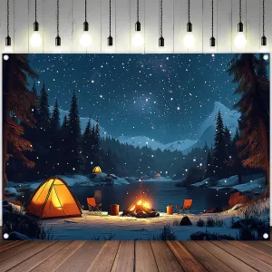 Camping Backdrop for Kids, 7 x 5 ft Forest Night Scene Camper Photography Background Campfire Tent Kids Adults Birthday Party Happy Camper Banner