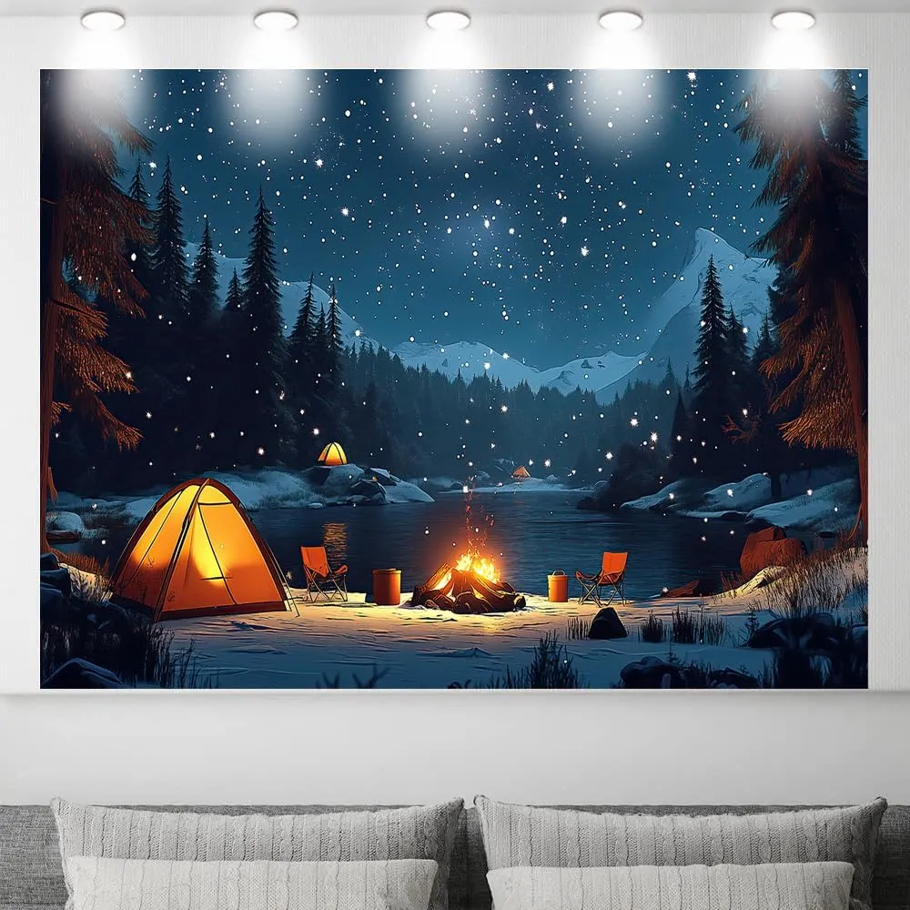 Camping Backdrop for Kids, 7 x 5 ft Forest Night Scene Camper Photography Background Campfire Tent Kids Adults Birthday Party Happy Camper Banner