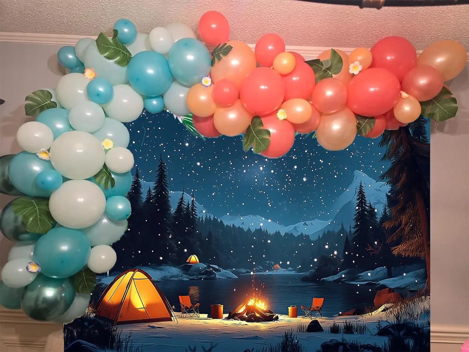 Camping Backdrop for Kids, 7 x 5 ft Forest Night Scene Camper Photography Background Campfire Tent Kids Adults Birthday Party Happy Camper Banner