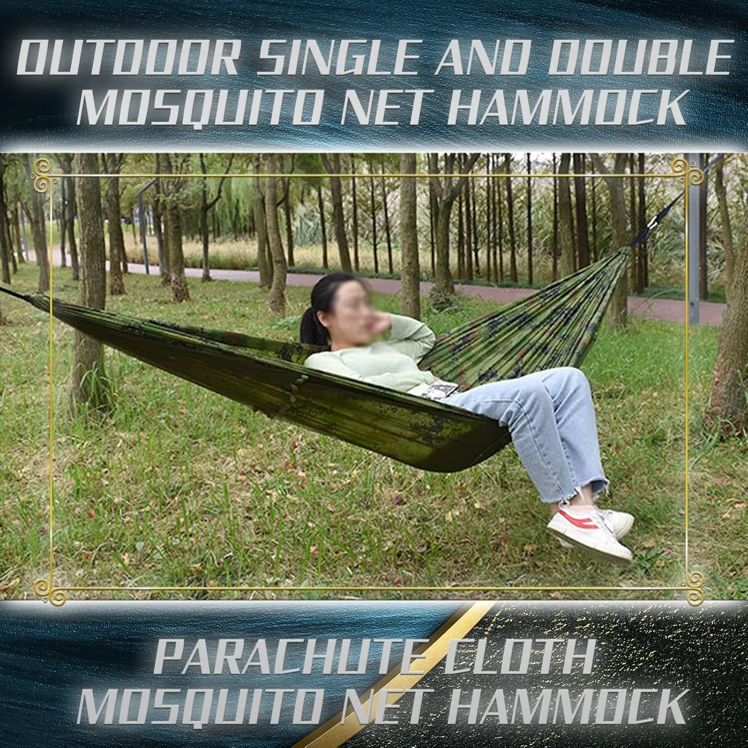 Camping Hammock with Mosquito Net - Ultra Lightweight Durable Double Travel Hammock 210T Parachute Nylon for Outdoor Camping Accessories-Royal Blue with Light Blue