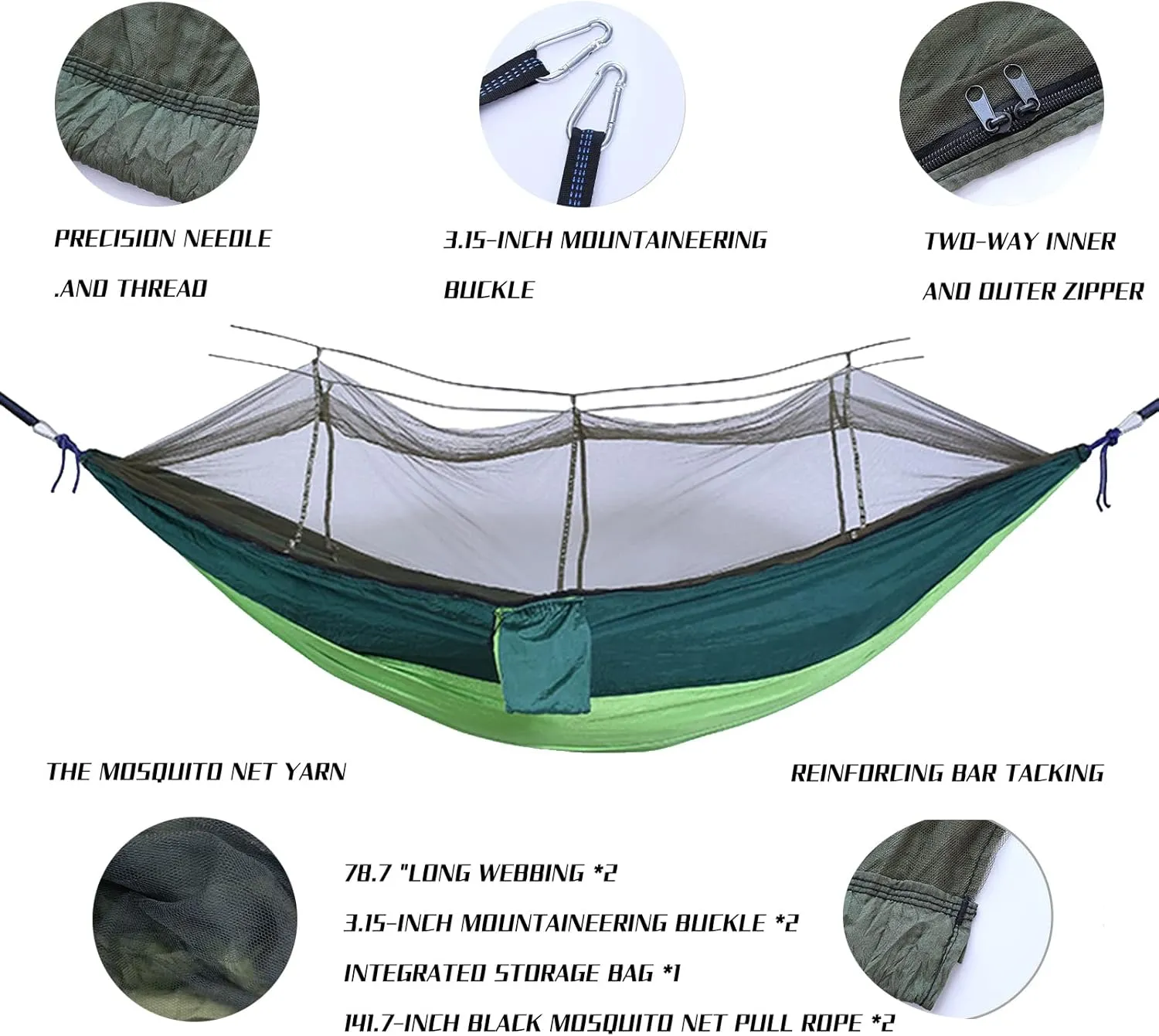 Camping Hammock with Mosquito Net - Ultra Lightweight Durable Double Travel Hammock 210T Parachute Nylon for Outdoor Camping Accessories-Royal Blue with Light Blue