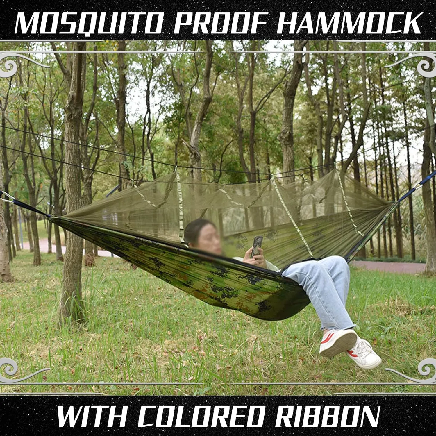 Camping Hammock with Mosquito Net - Ultra Lightweight Durable Double Travel Hammock 210T Parachute Nylon for Outdoor Camping Accessories-Royal Blue with Light Blue