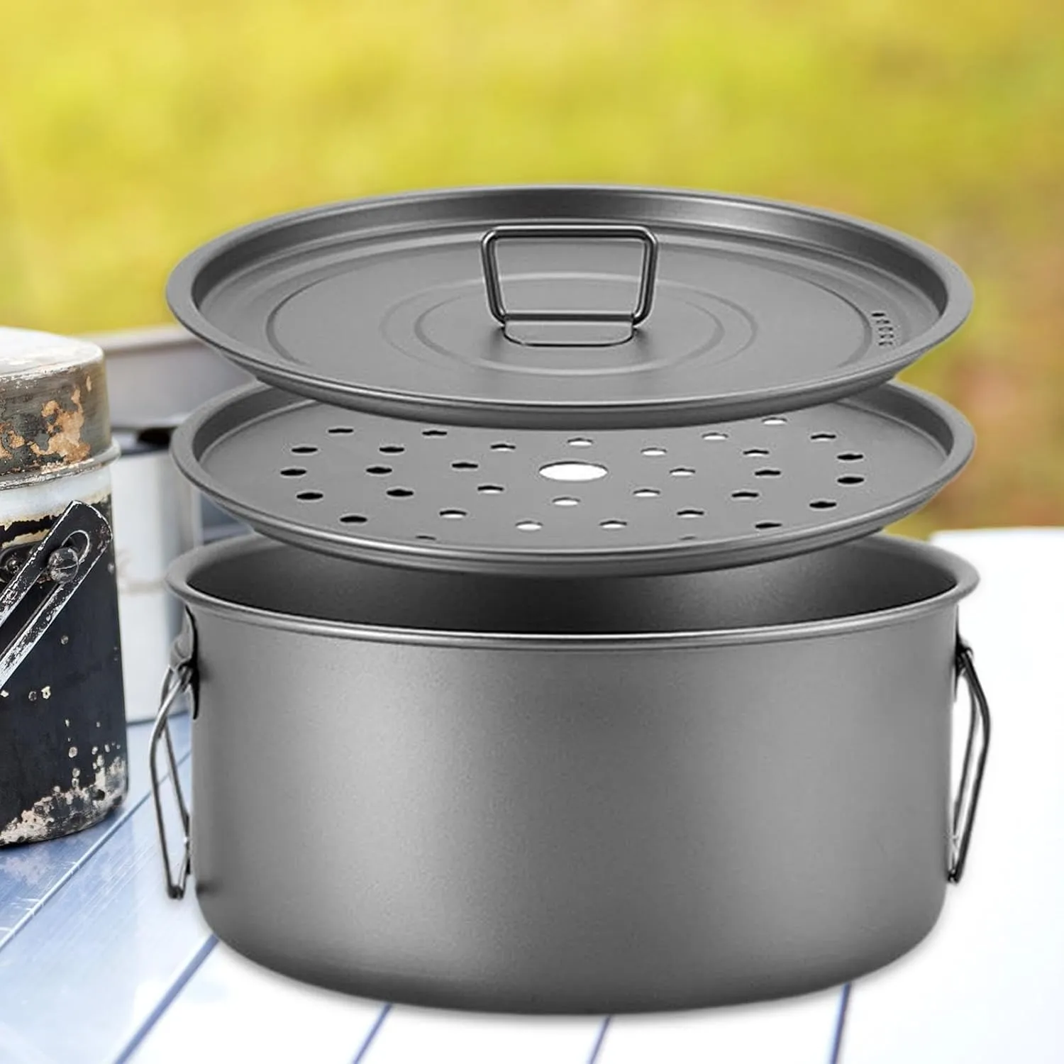 Camping Pot with Lid Titanium Mug 2200ml Plate Dish Portable Cooking Equipment Camp Cooking Pot for Fishing Backpack Trekking