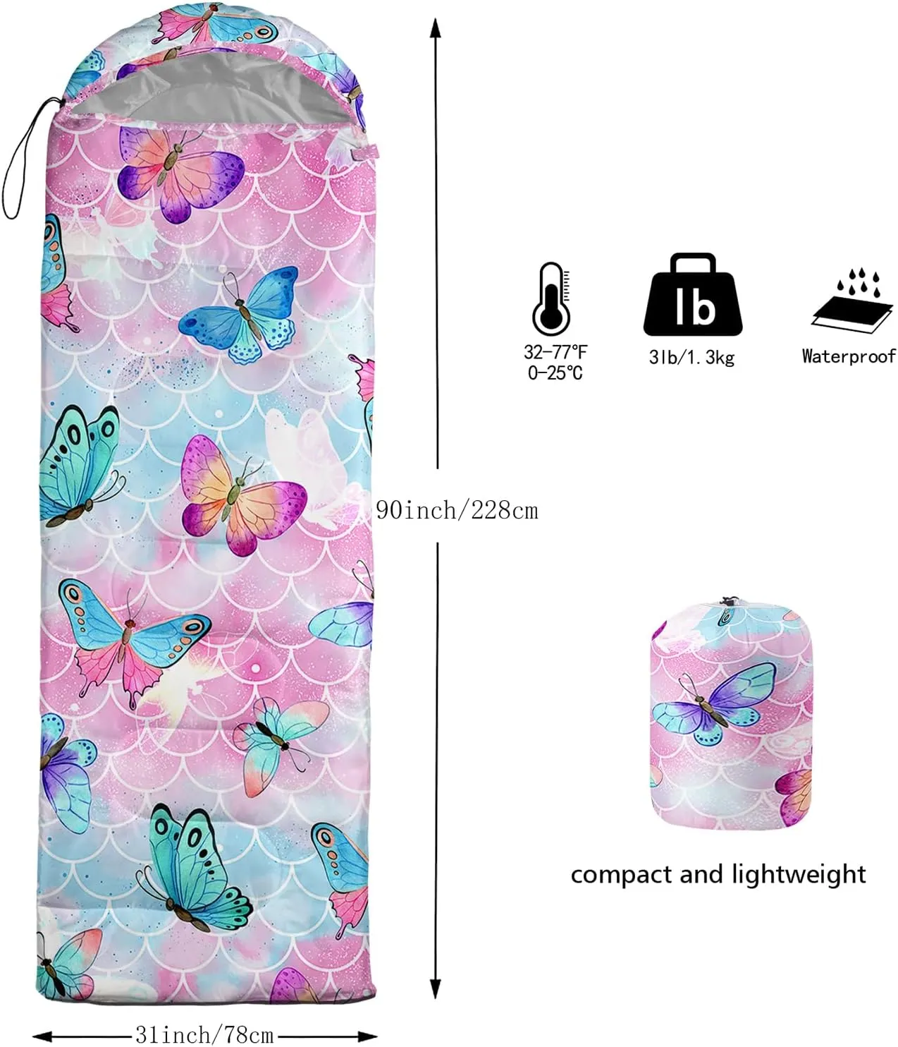 Camping Sleeping Bags,Mermaid Horse Butterfly Starry Sky 3 Season Warm & Cool Weather,Lightweight,Waterproof Sleeping Bags for Adults & Kids,Traveling,and Outdoors,Camping Gear Equipment