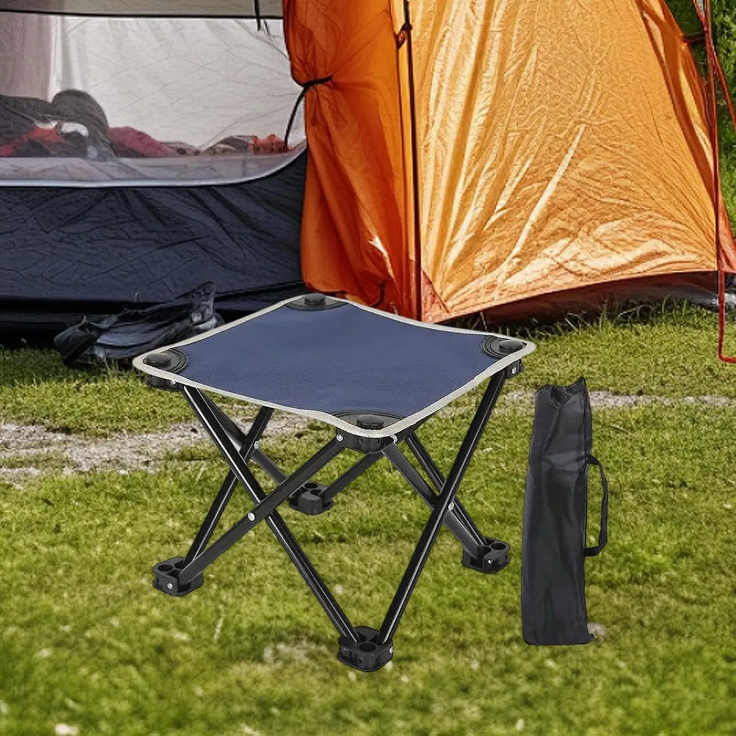Camping Stool Compact Outdoor Folding Stool Lightweight Recliner Foot Rest with Carry Bag for Park Garden Patio Travel Hiking, Blue
