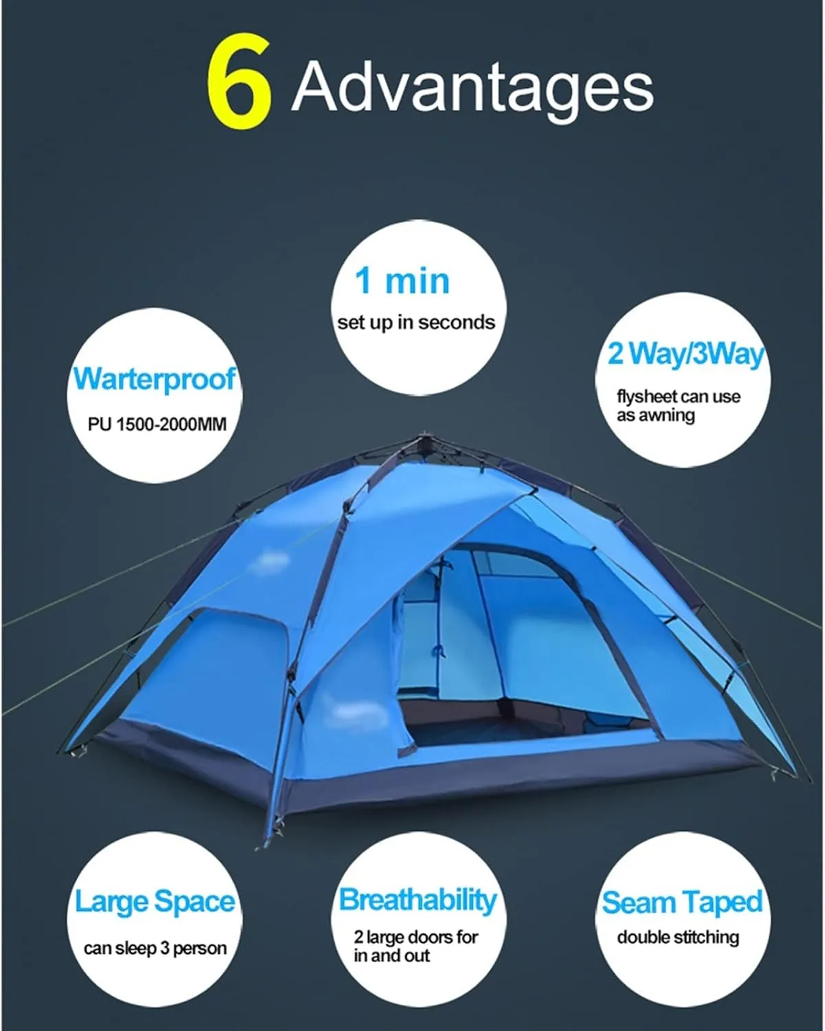 Camping Tents, Automatic Tent 3-4 Person Camping Tent,Easy Instant Setup-Protable Backpacking for Sun Shelter,Travelling,Hiking (Color : 2 Way use Green, Size : 200x180x130cm)