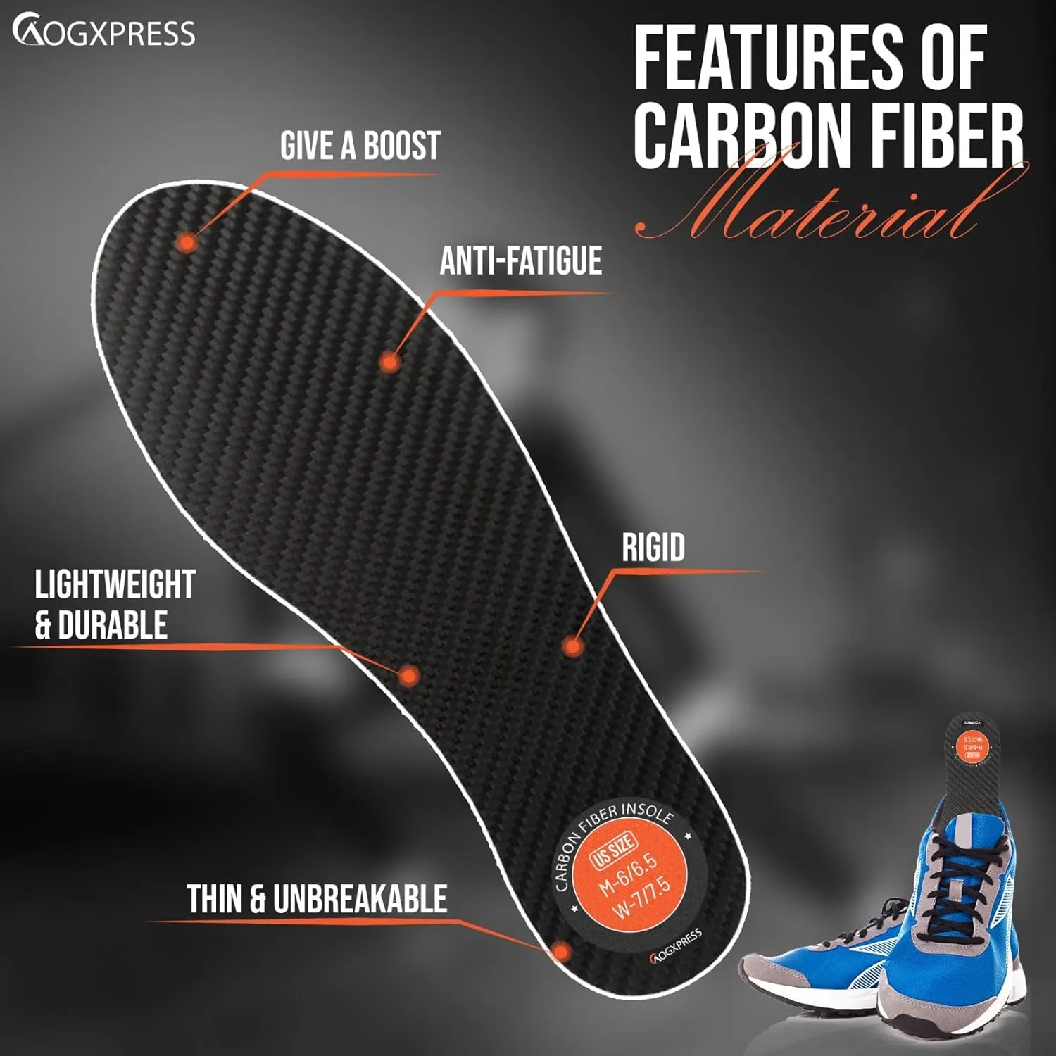 Carbon Fiber Insole (1 Pair), (6.5) Carbon Fiber Shoe Insert- Rigid Support Turf Toe, Shoe Insert for Sports, Hiking, Trekking, Basketball, Running - Alternative to Post Op Shoe