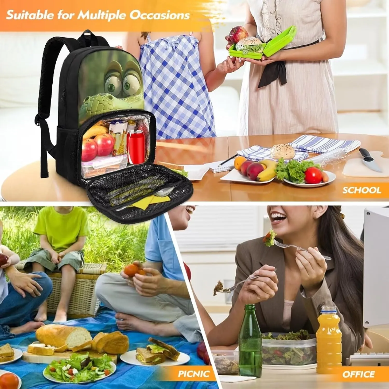 Cartoon Crocodile Lunch Backpack for Women Men, Large Capacity 17 inch Laptop Backpack with Insulated Lunch Bag 2 in 1 for Work Travel Camping Daypack