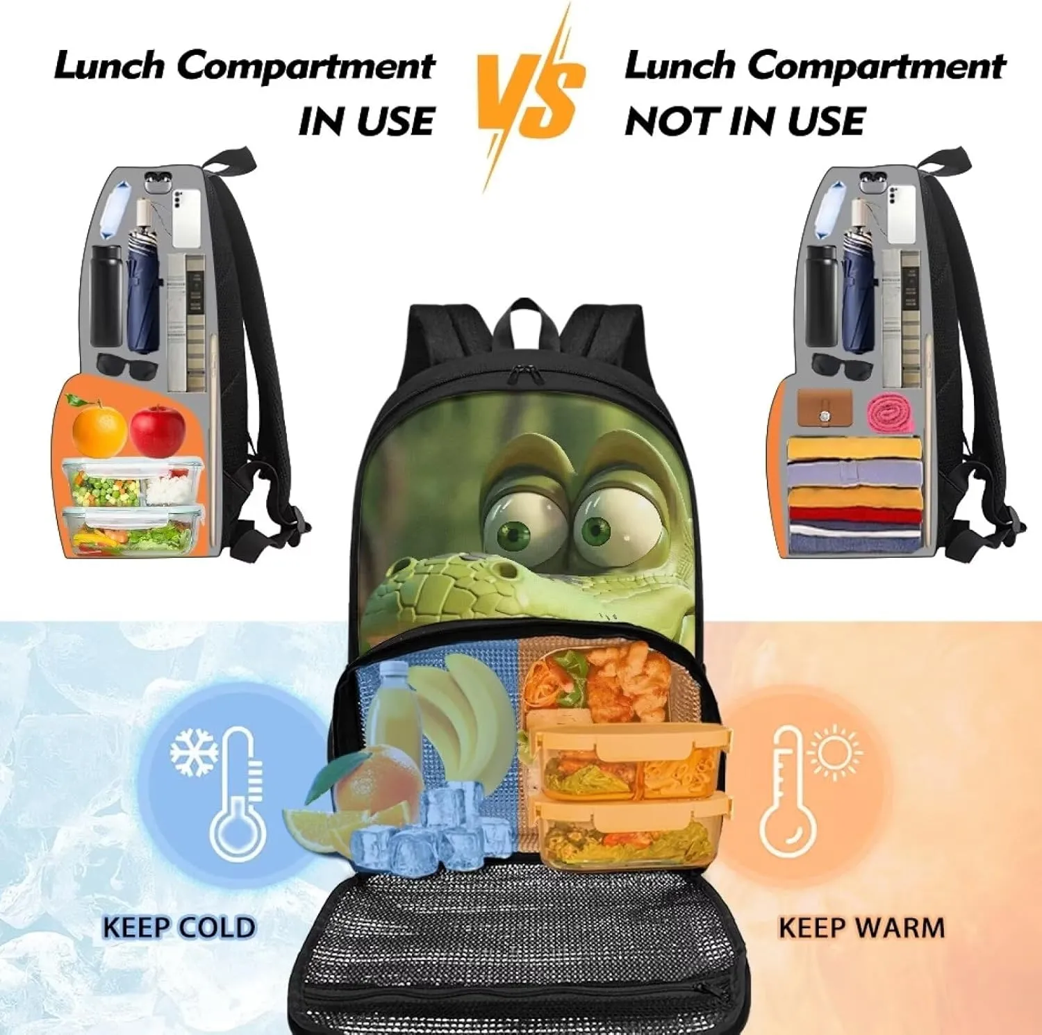 Cartoon Crocodile Lunch Backpack for Women Men, Large Capacity 17 inch Laptop Backpack with Insulated Lunch Bag 2 in 1 for Work Travel Camping Daypack