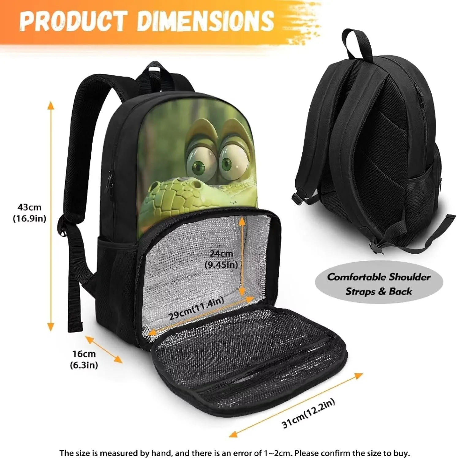Cartoon Crocodile Lunch Backpack for Women Men, Large Capacity 17 inch Laptop Backpack with Insulated Lunch Bag 2 in 1 for Work Travel Camping Daypack