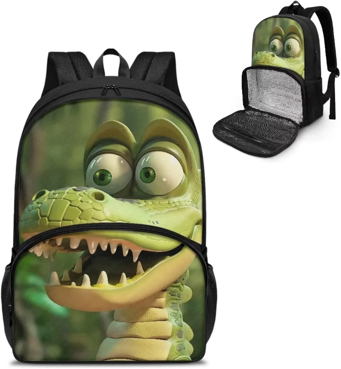 Cartoon Crocodile Lunch Backpack for Women Men, Large Capacity 17 inch Laptop Backpack with Insulated Lunch Bag 2 in 1 for Work Travel Camping Daypack