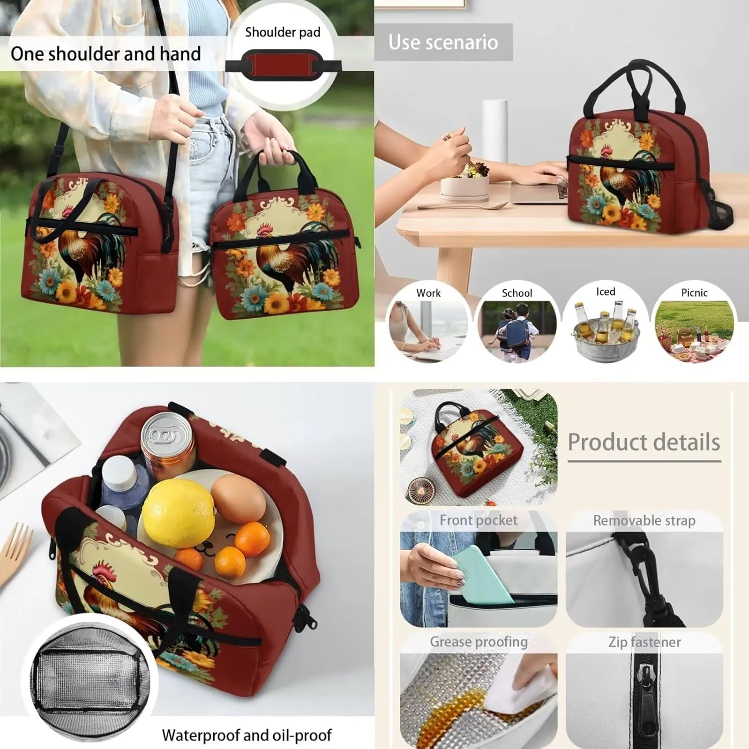 Chicken Print Kids Backpack Set for Girls 10-12 School Backpack 15 Inch Large Capacity Bookbag with Sturdy Zips Portable Foldable Lunch Box Small Pen Case 3 Pcs