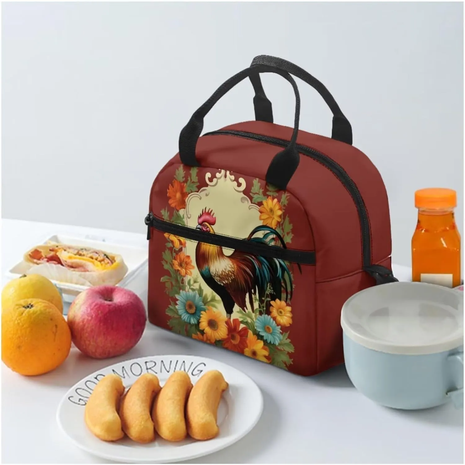 Chicken Print Kids Backpack Set for Girls 10-12 School Backpack 15 Inch Large Capacity Bookbag with Sturdy Zips Portable Foldable Lunch Box Small Pen Case 3 Pcs
