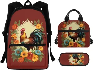 Chicken Print Kids Backpack Set for Girls 10-12 School Backpack 15 Inch Large Capacity Bookbag with Sturdy Zips Portable Foldable Lunch Box Small Pen Case 3 Pcs