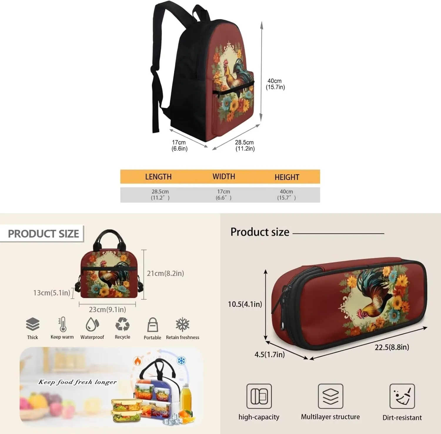 Chicken Print Kids Backpack Set for Girls 10-12 School Backpack 15 Inch Large Capacity Bookbag with Sturdy Zips Portable Foldable Lunch Box Small Pen Case 3 Pcs