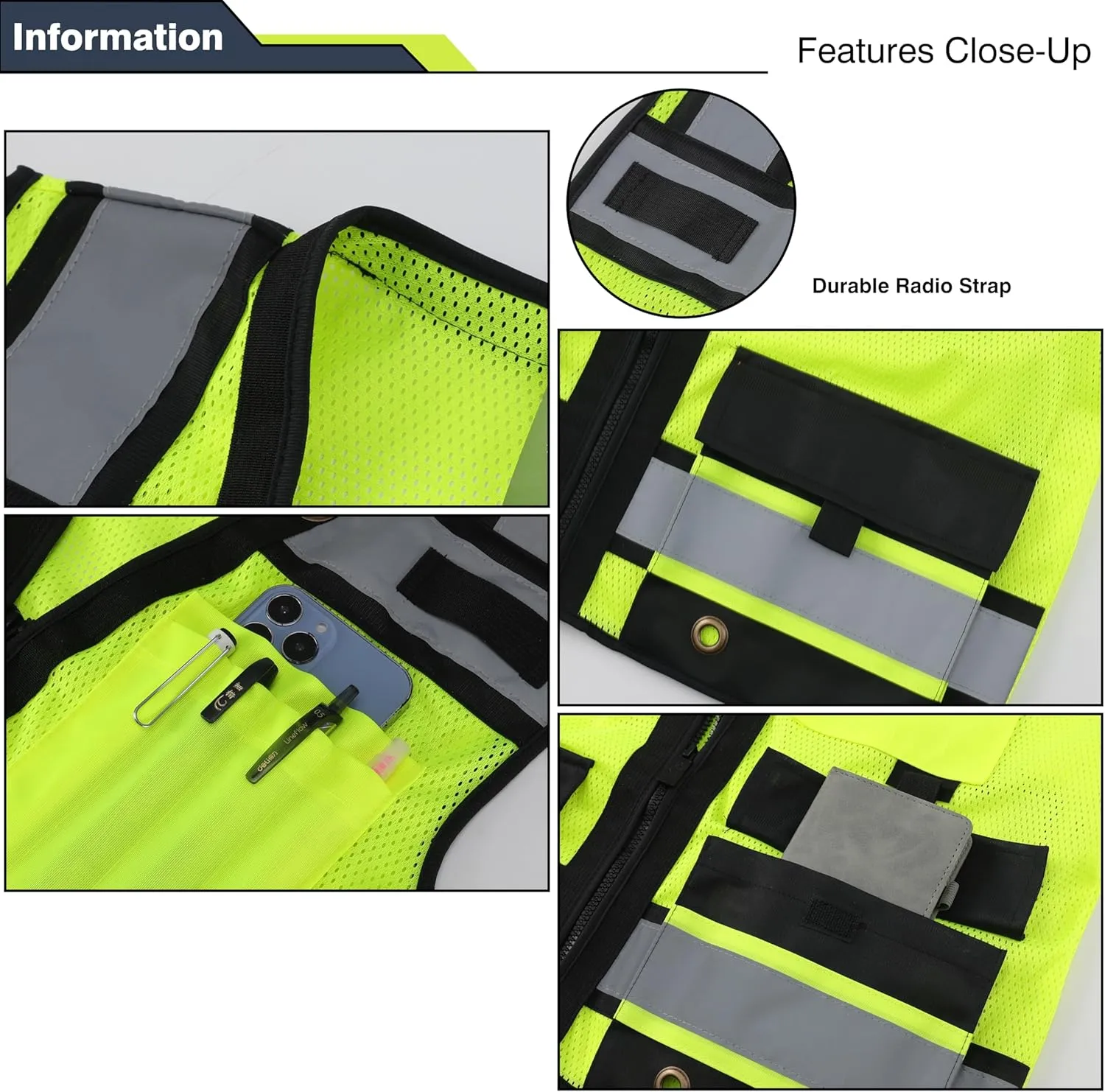 Class 2 High Visibility Reflective Safety Vests Women & Men With 15 Pockets And Zipper Front,Meets Ansi/Isea Standards