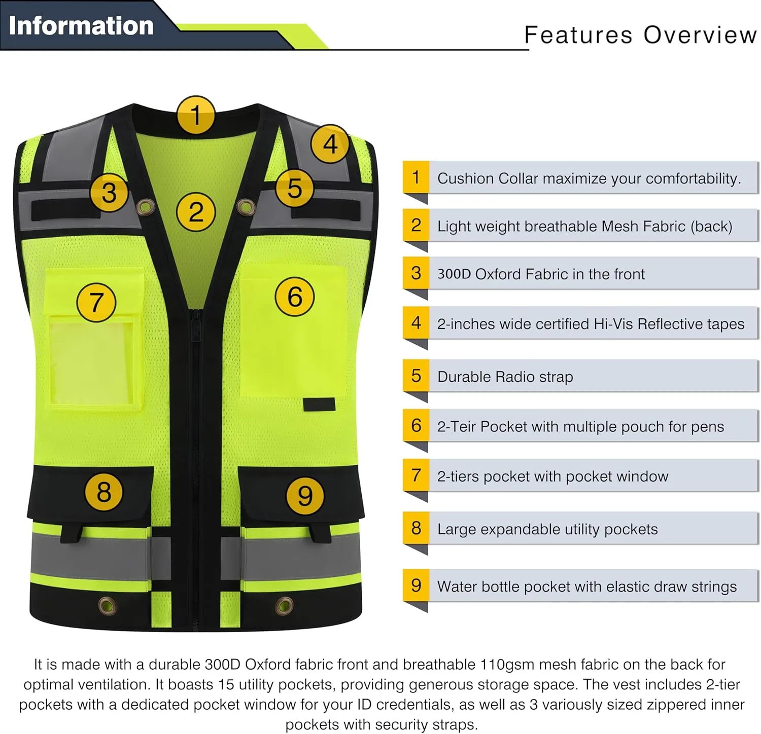 Class 2 High Visibility Reflective Safety Vests Women & Men With 15 Pockets And Zipper Front,Meets Ansi/Isea Standards
