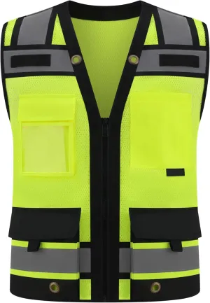 Class 2 High Visibility Reflective Safety Vests Women & Men With 15 Pockets And Zipper Front,Meets Ansi/Isea Standards