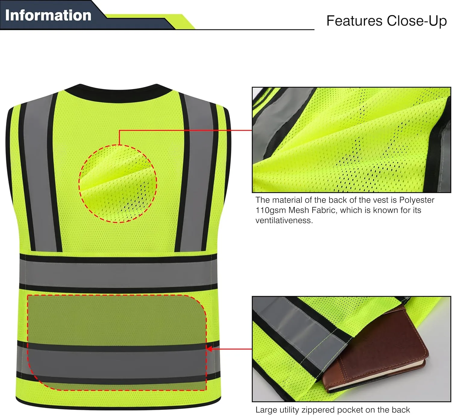 Class 2 High Visibility Reflective Safety Vests Women & Men With 15 Pockets And Zipper Front,Meets Ansi/Isea Standards