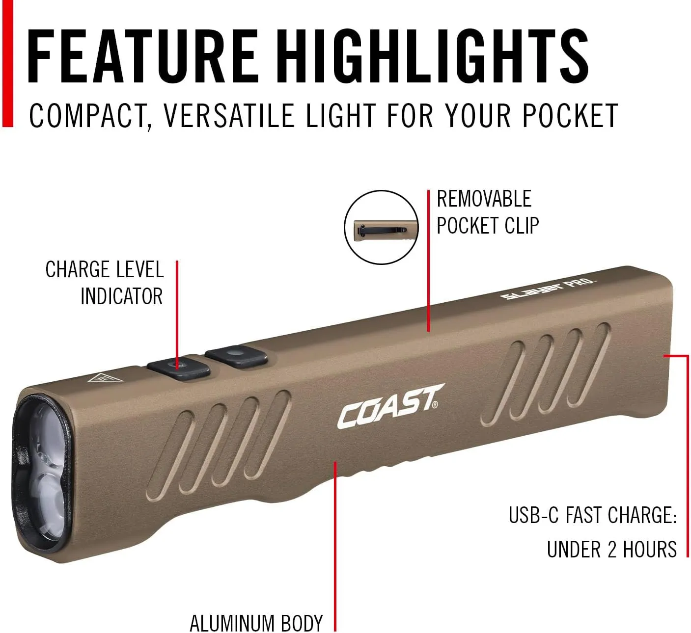 Coast Slayer 1150 Lumen USB-C Rechargeable LED Flashlight with Spot/Flood, Memory Mode and Pocket Clip, Dune