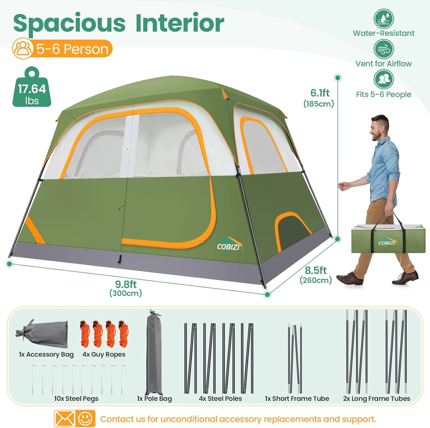 COBIZI Camping Tent, 4/6 Person Easy Setup Waterproof Windproof Backpacking Tent with Removable Rainfly, Lightweight Portable Outdoor Family Tents for Camping, Travel, Fishing, Hiking, Scouts