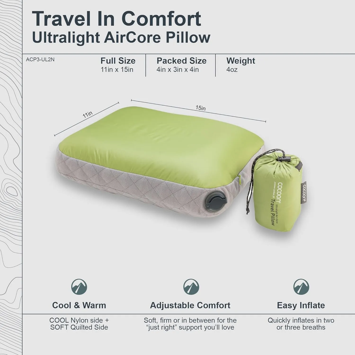 COCOON- Premium - Ultralight AirCore Pillow - Inflatable Camping and Travel Pillow - Regular 11" x 15" (Wasabi Green)
