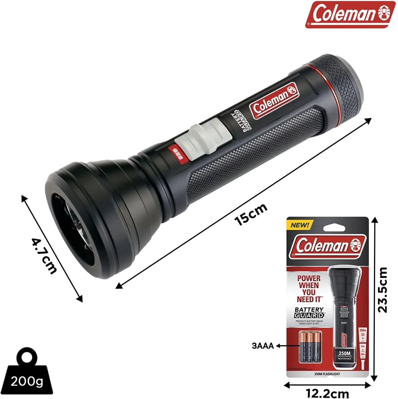 Coleman LED Flashlight with BatteryGuard Technology, Strong & Lightweight Water-Resistant Flashlight with Extra Drop Protection, Up to 25% More Battery Life than Traditional Flashlights