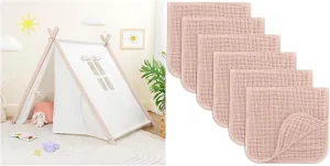 Comfy Cubs Kids Play Tent and Muslin Burp Cloths 100% Cotton Hand Washcloths for Babies Bundled - Large - Pink