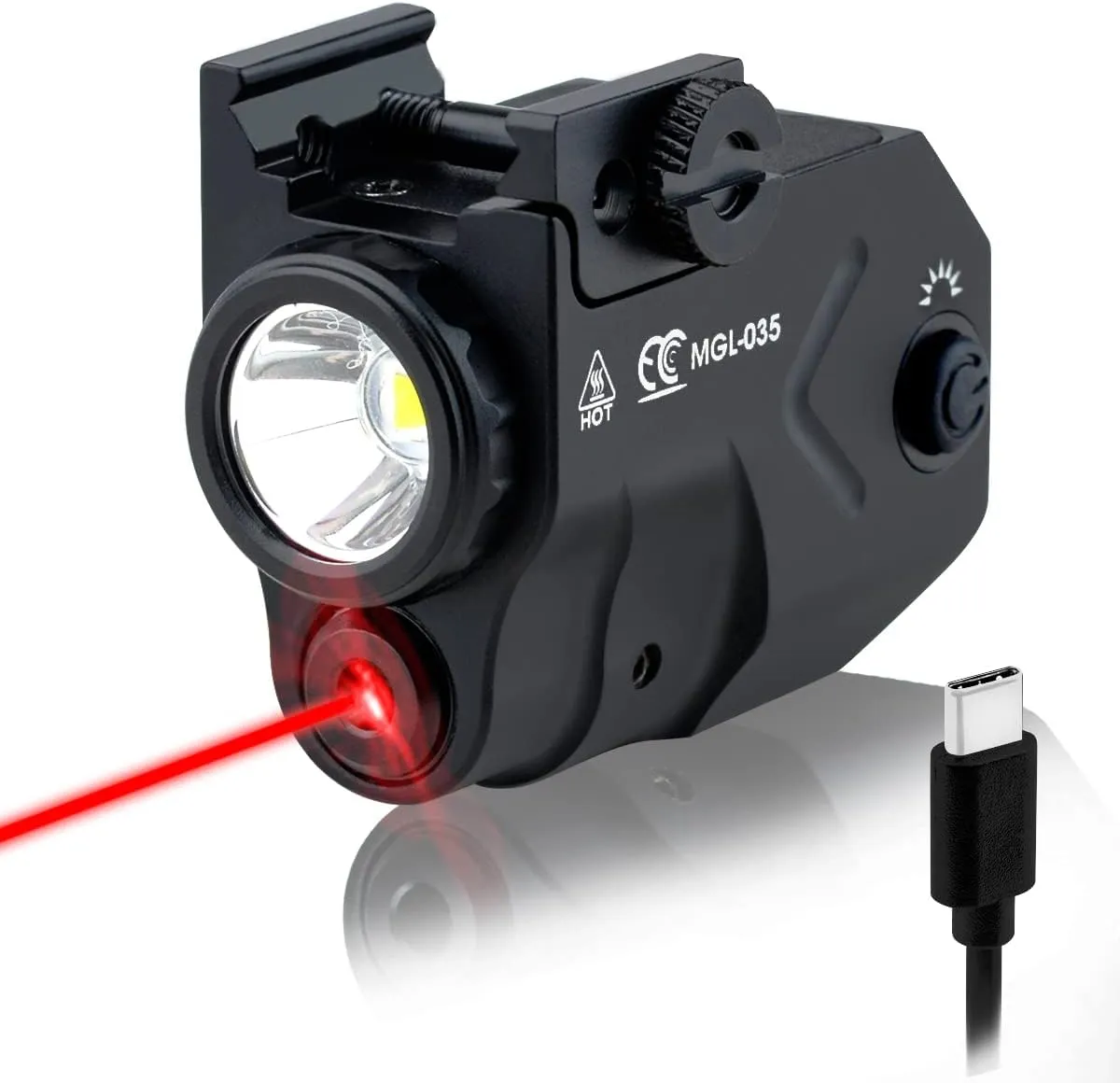 Compact Tactical Flashlight Rechargeable USB C,Red Laser Light Combo for Pistol,Airsoft Gun Picatinny Rail Mounted, Laser Output is <5mW, Class IIIA