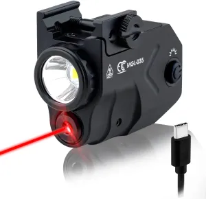 Compact Tactical Flashlight Rechargeable USB C,Red Laser Light Combo for Pistol,Airsoft Gun Picatinny Rail Mounted, Laser Output is <5mW, Class IIIA