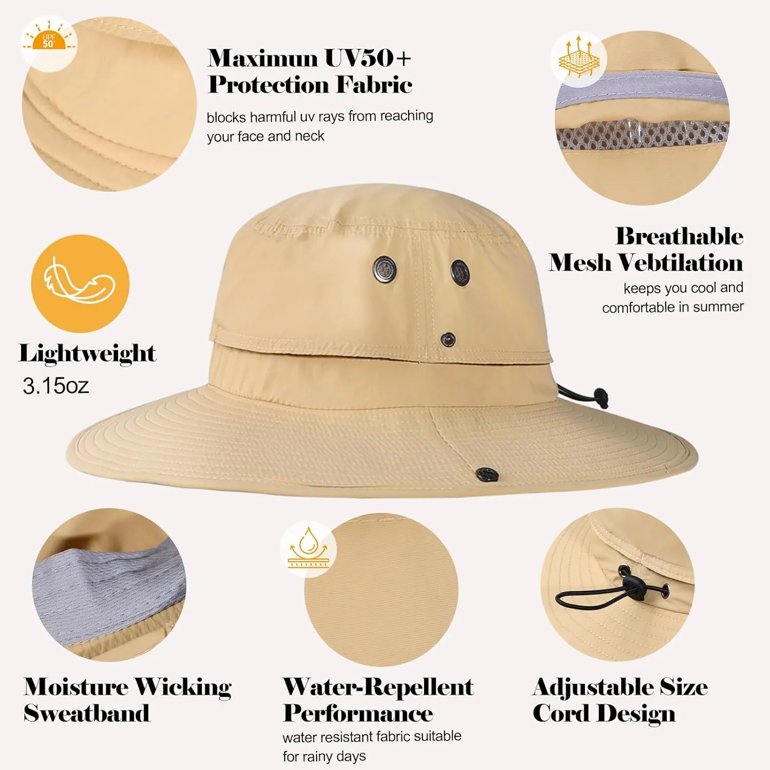 Cooling Bucket Hat UPF 50  Wide Brim Sun Hat for Women Men Lightweight Foldable Summer Hiking Fishing Hat Detachable Strap