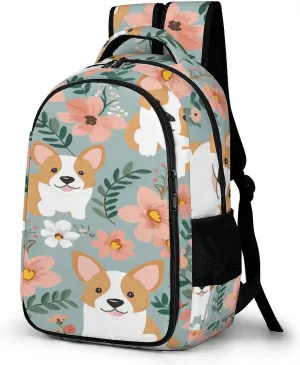 Corgi Floral Flowers Spring Garden Travel Backpack Adjustable Computer Bag Casual Travel Daypack Satchel Backpack Unisex