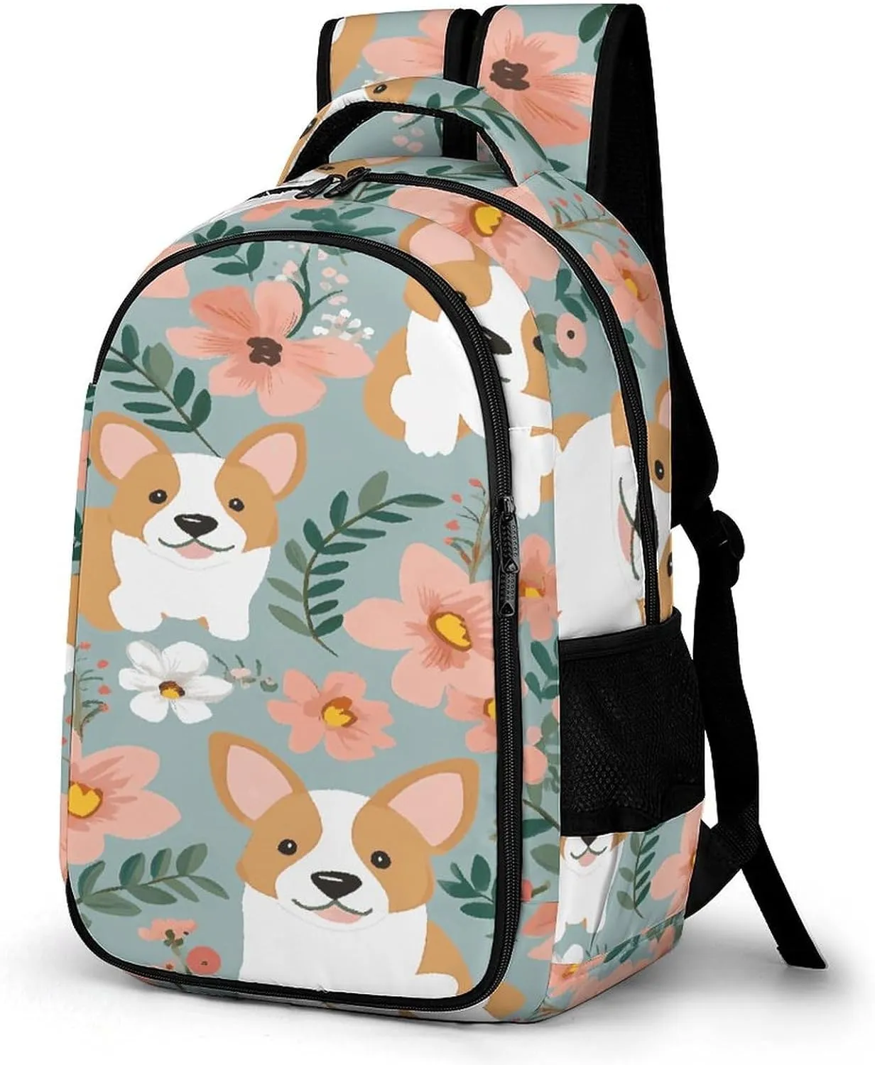 Corgi Floral Flowers Spring Garden Travel Backpack Adjustable Computer Bag Casual Travel Daypack Satchel Backpack Unisex