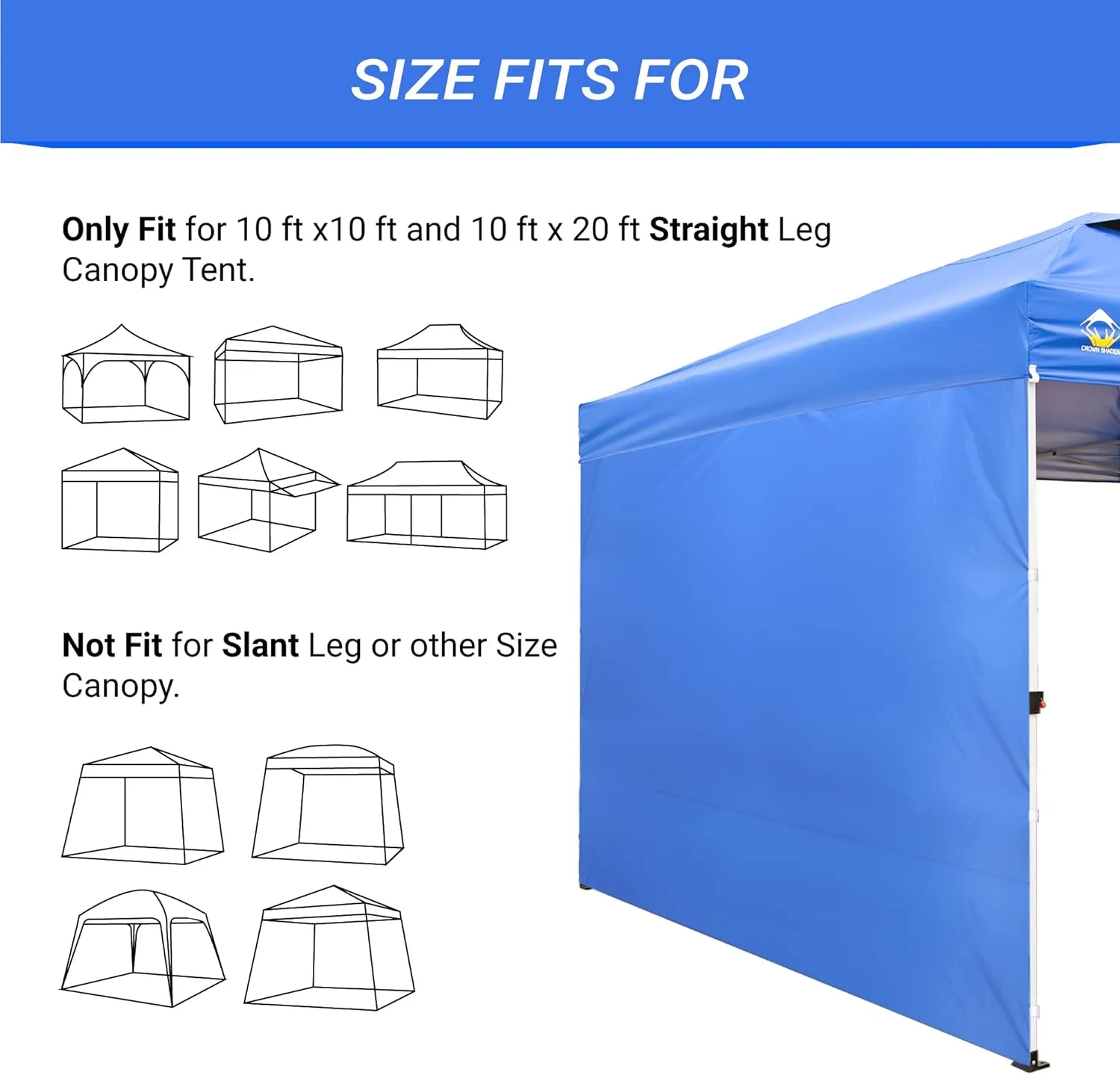 CROWN SHADES SunWall Silver Coated for 10x10 Pop up Canopy Tent, 1 Pack Sidewall Only with Silver Coating (1 Pack, Blue)
