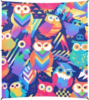 Cute Colorful Owls and Trees Foldable Beach Cabana UPF50  Protection Water-Resistant Large Sun Shade with Sandbags, Sand Shovel, Poles for Camping, Picnics, Backyard & Fishing